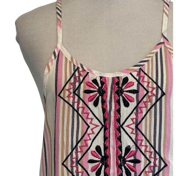 Raya Sun Striped Embroidered Tank Womens Small Ivory Pink Boho Sleeveless Top - Picture 3 of 6